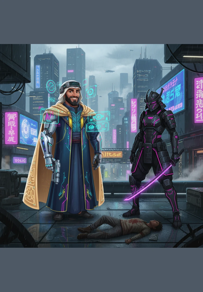 Khalid sits at a circular holographic table with the Nine Intergalactic Merchants, the most powerful traders in the galaxy. He speaks with wisdom and authority, representing the interests of the Arab East Alliance amidst a sea of diverse alien diplomats.