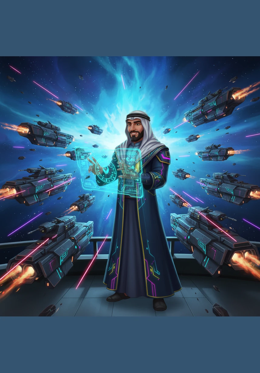 The peaceful mission is interrupted when a group of jagged, dark pirate ships ambushes the fleet near a glowing sapphire nebula. Khalid remains calm, his hands moving across the holographic controls as he coordinates a defensive formation to protect the merchant vessels.