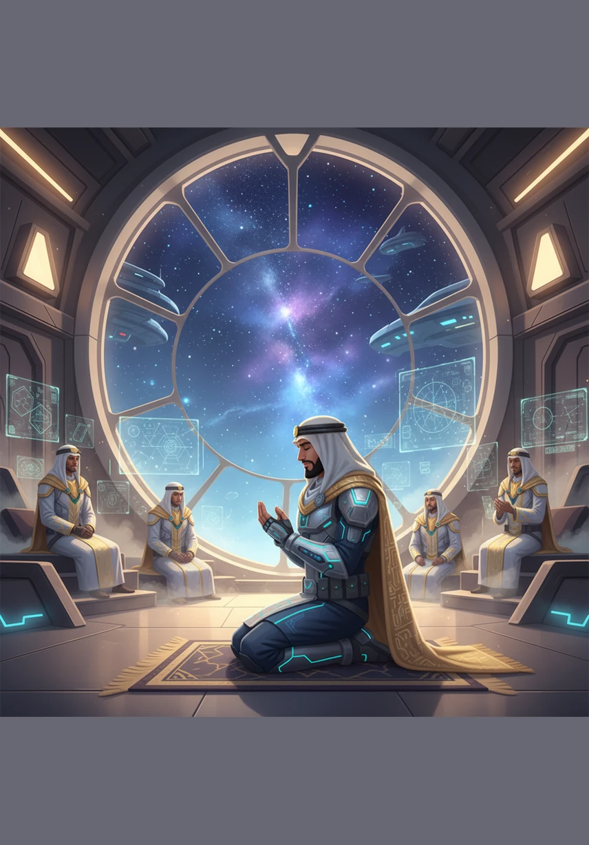 Inside the ship's majestic prayer and meditation hall, Khalid finds a moment of peace to reflect on his journey. The room is filled with the soft hum of the engines and the sight of distant stars through a massive crystalline window.