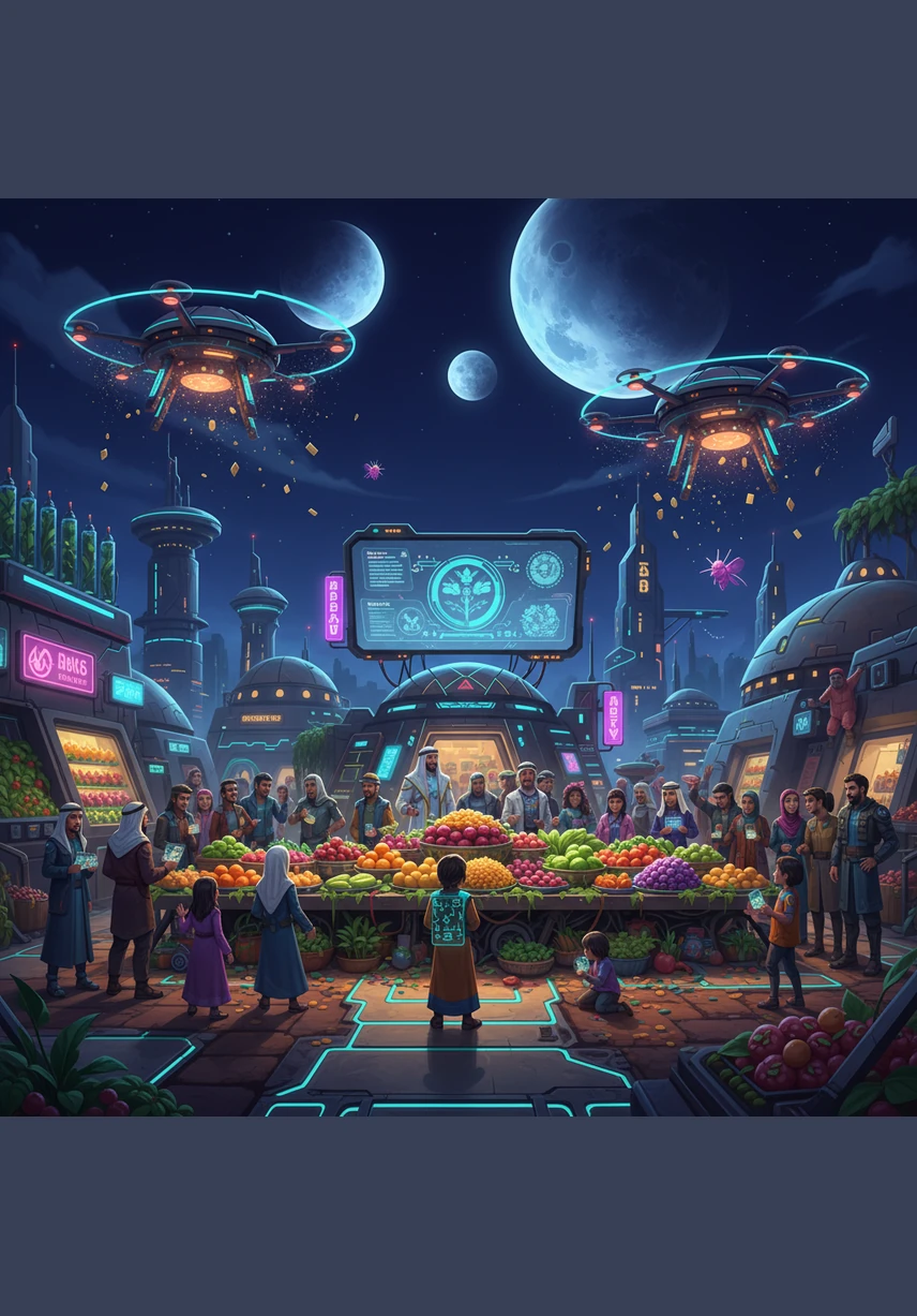 On the surface of the newly terraformed planet, the first harvest celebration begins under a sky with three shimmering moons. Families of the Levant Alliance walk through lush gardens, and children look up at the stars with hope and excitement for their future.