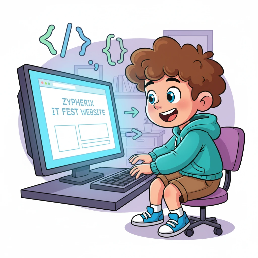 A bright-eyed, cheerful character named Pixel sits excitedly at a glowing computer screen, surrounded by floating whimsical code symbols. The screen shows a blank page with the words 'Zypherix IT Fest Website' blinking, presenting a grand challenge.