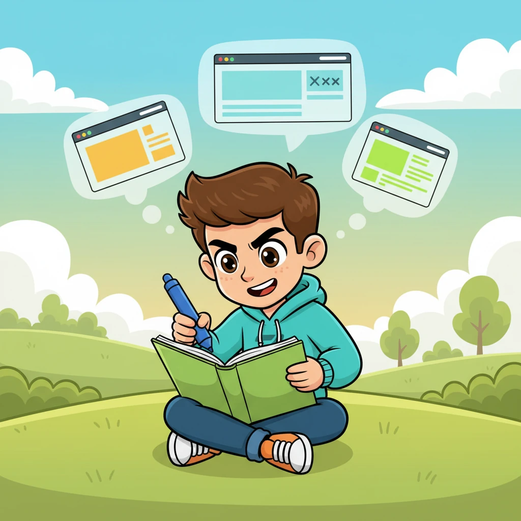 Pixel, with a determined grin, sketches ideas furiously in a bright, oversized notebook. Colorful designs for a sleek navigation bar with 'Home', 'About', and 'Events' pop out, floating like thought bubbles around their head.