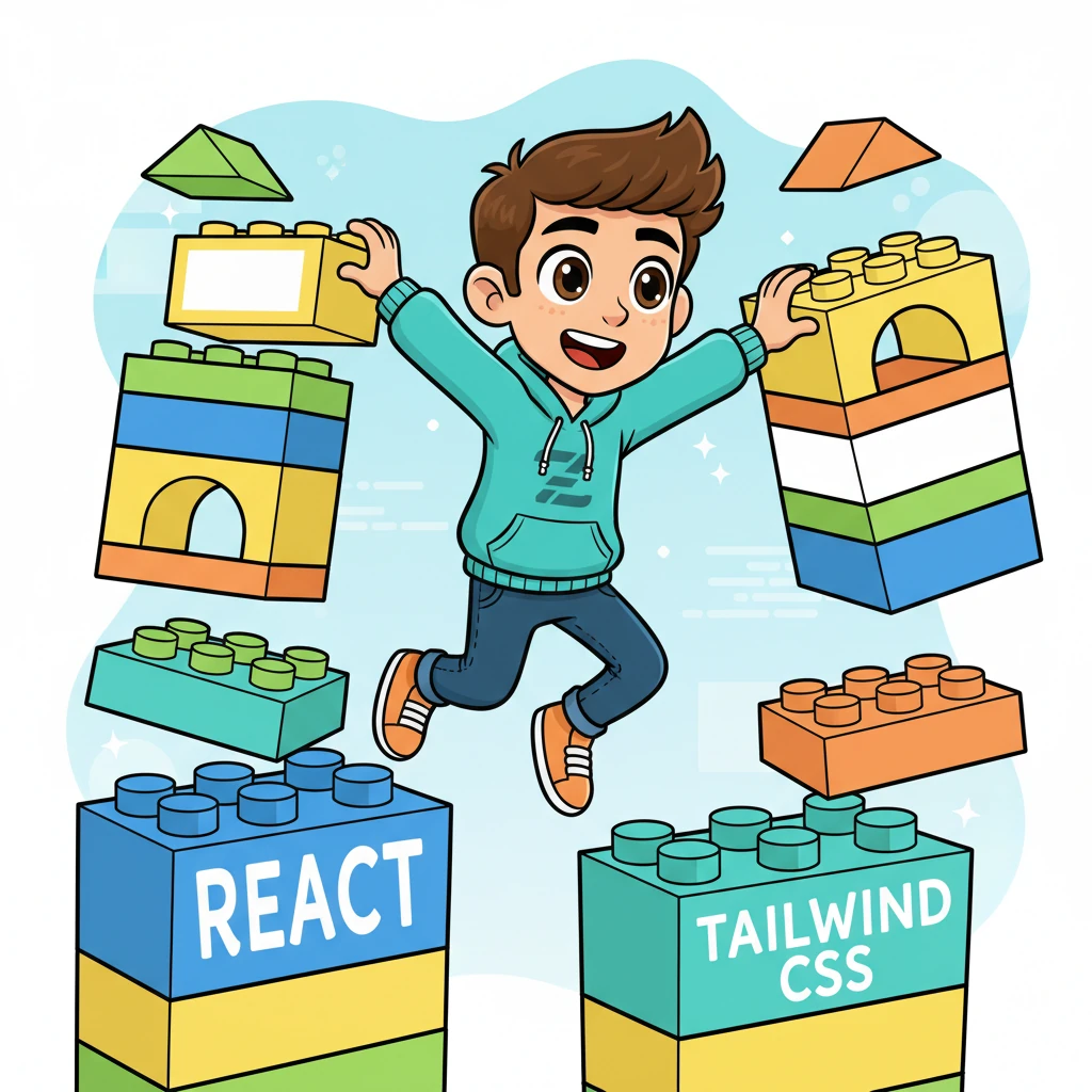 With a joyful leap, Pixel dives into a world of colorful building blocks labeled 'React' and 'Tailwind CSS'. They stack and connect them with lightning speed, creating a basic, clean structure for the website, their eyes sparkling with concentration.