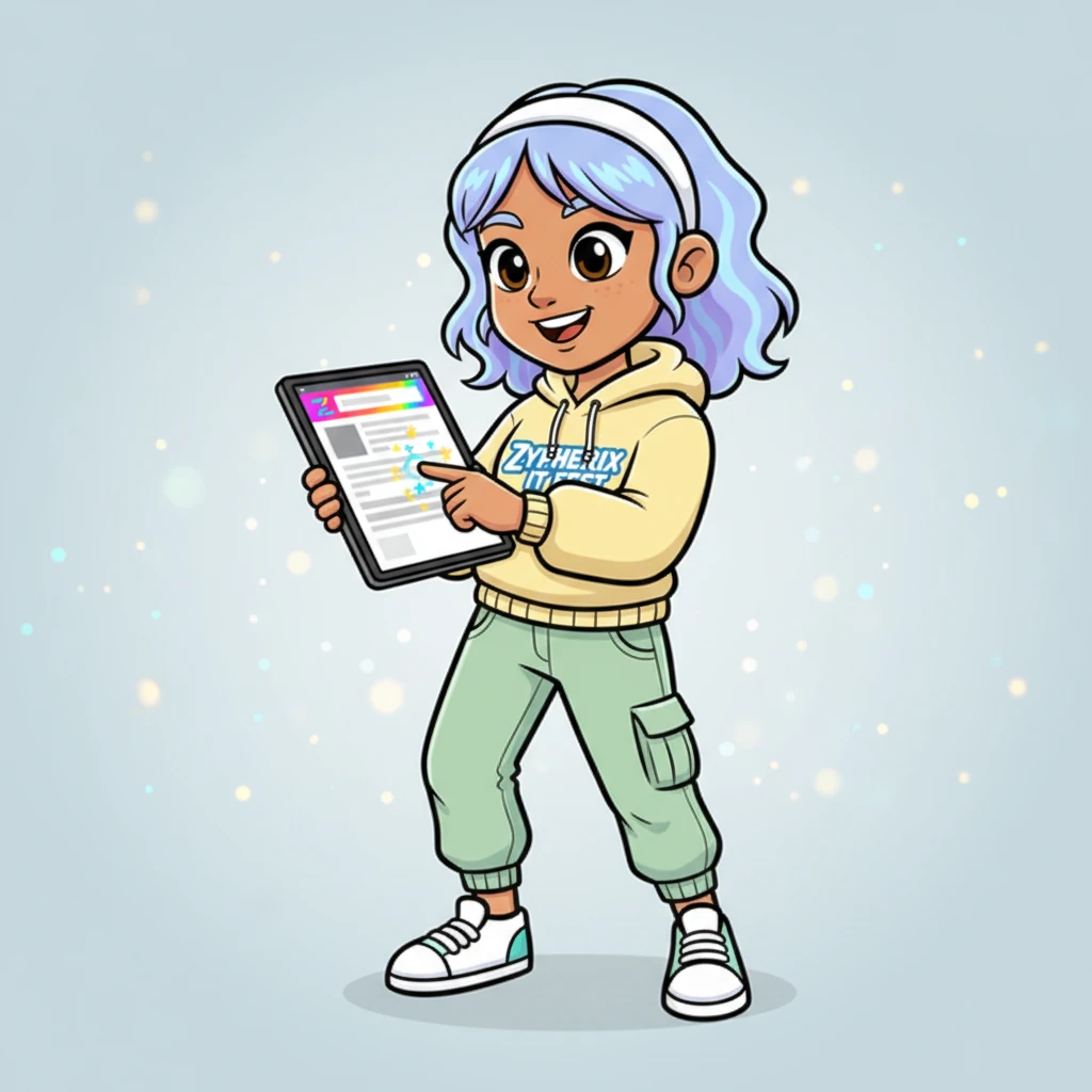 The screen now shows a vibrant, sticky navbar, perfectly designed with the 'Zypherix' logo glowing softly. Pixel happily tests the smooth scroll, watching the page glide effortlessly as tiny stars trail behind the cursor.