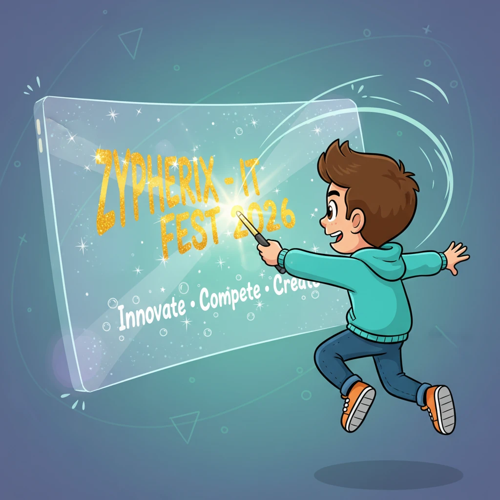 Next, Pixel tackles the Hero Section, bringing forth a huge, shimmering title: 'ZYPHERIX – IT FEST 2026'. Below it, the subtitle 'Innovate • Compete • Create' appears in playful, bouncing letters, making the section feel alive.