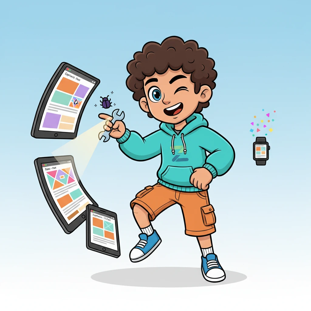 With a playful wink, Pixel zaps the bug with a tiny, colorful wrench icon. The website instantly adapts and reshapes itself perfectly across different screen sizes, from a giant monitor to a tiny smartphone, making the bug disappear.