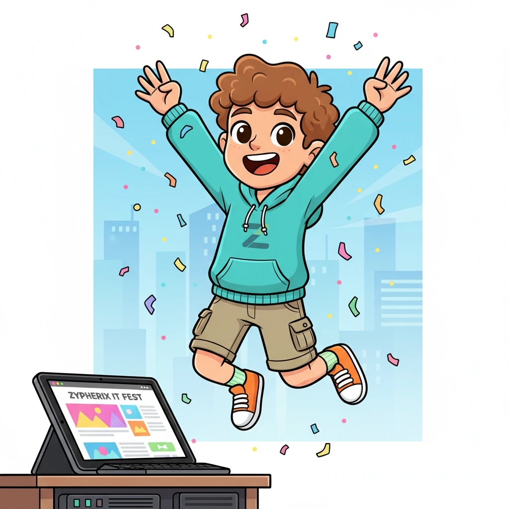 Pixel celebrates with a joyful jump, confetti raining down around them. The website is live, and the 'Zypherix IT Fest' is ready to welcome everyone, thanks to Pixel's amazing coding adventure!