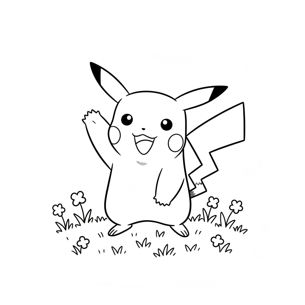 Pikachu waves a friendly hello from a grassy meadow. Its big smile invites everyone to play.