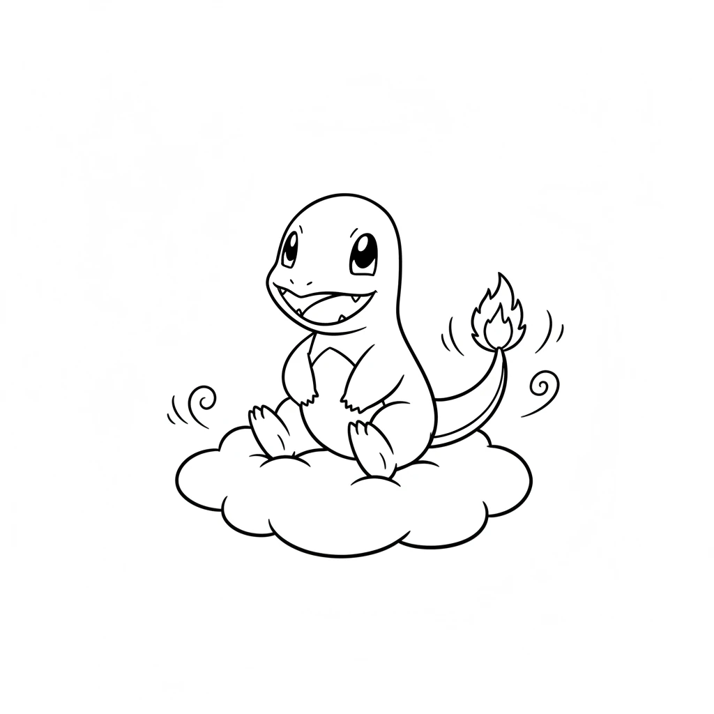 Charmander sits on a soft, fluffy cloud, looking up with a happy grin. A gentle breeze ruffles its tail.