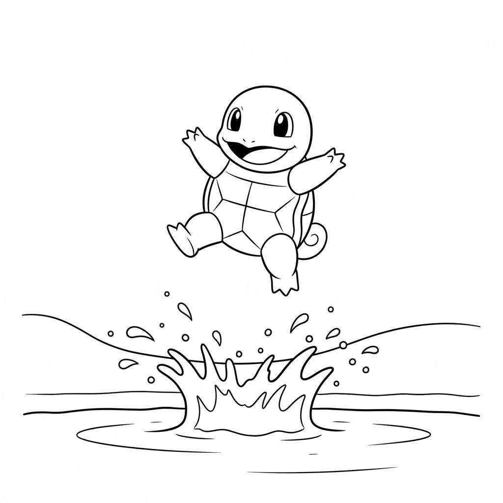 Squirtle jumps high, making a big splash in a calm pond. Water droplets sparkle around its shell.