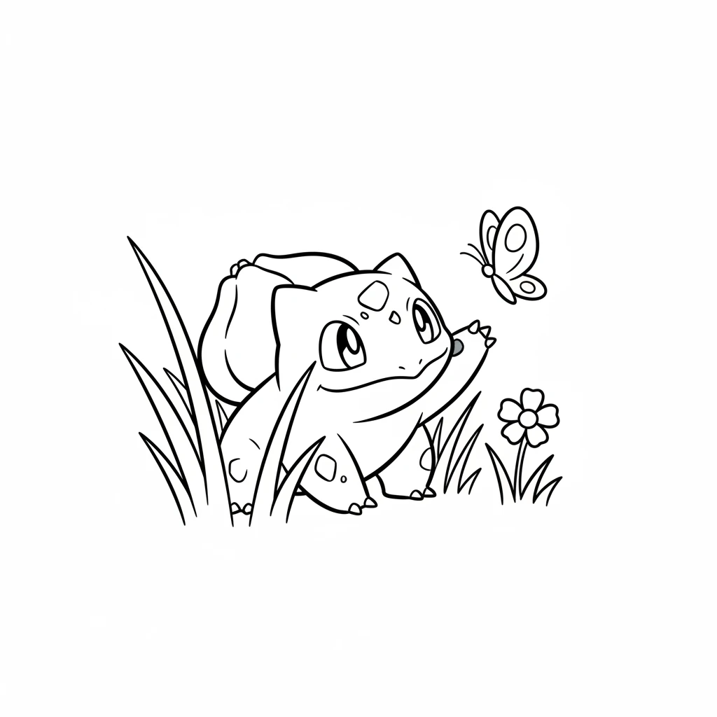 Bulbasaur peeks out from tall grass, playfully reaching for a fluttering butterfly. A tiny flower blooms nearby.