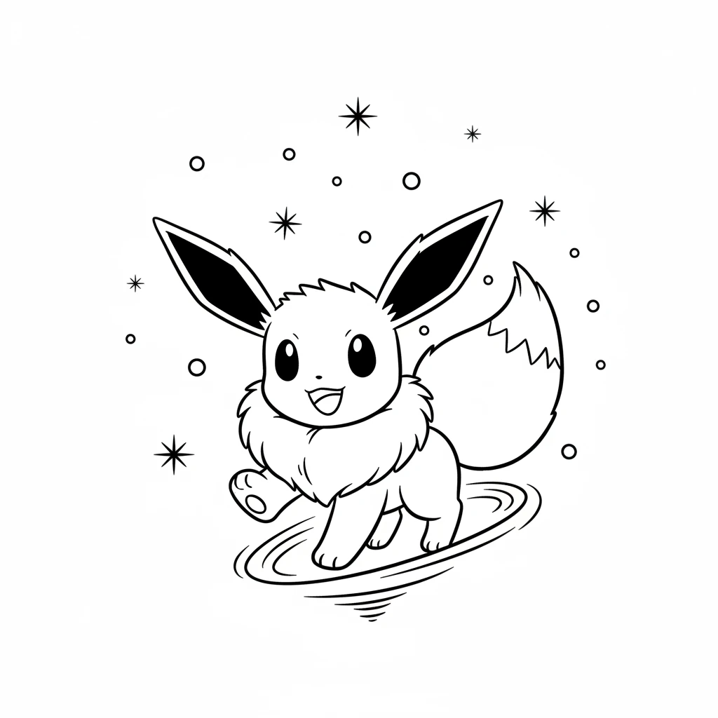 Eevee spins with joy under a sky full of twinkling stars. Its fluffy tail whirls around happily.