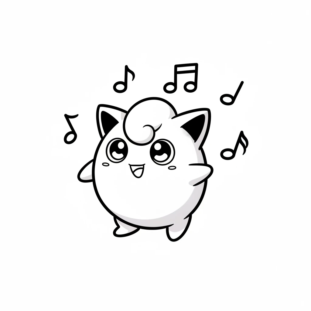 Jigglypuff sings a sweet tune, with musical notes floating softly in the air. Its eyes are full of delight.