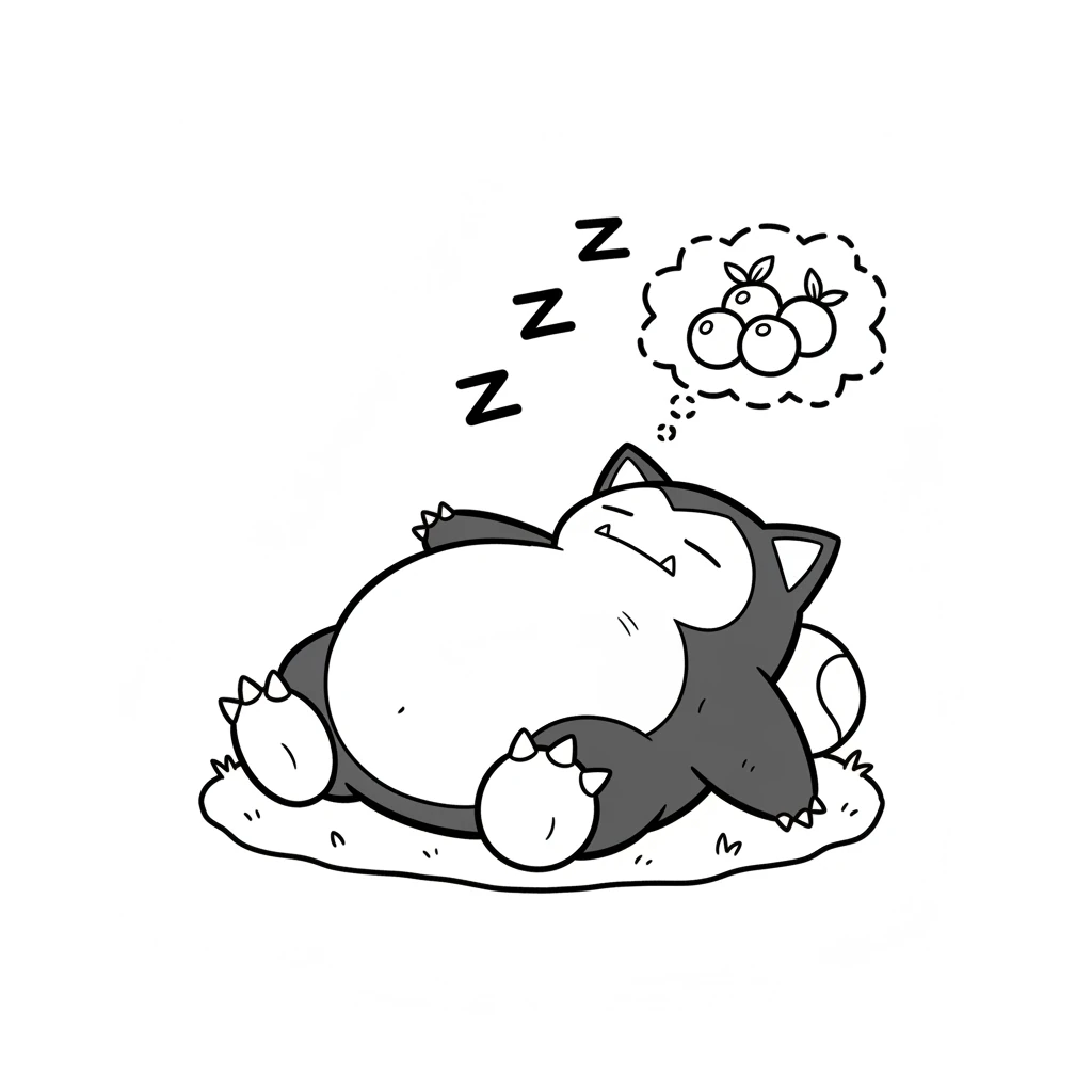 Snorlax sleeps peacefully on a cozy patch of ground, little 'Z's floating above its head. It dreams of yummy berries.