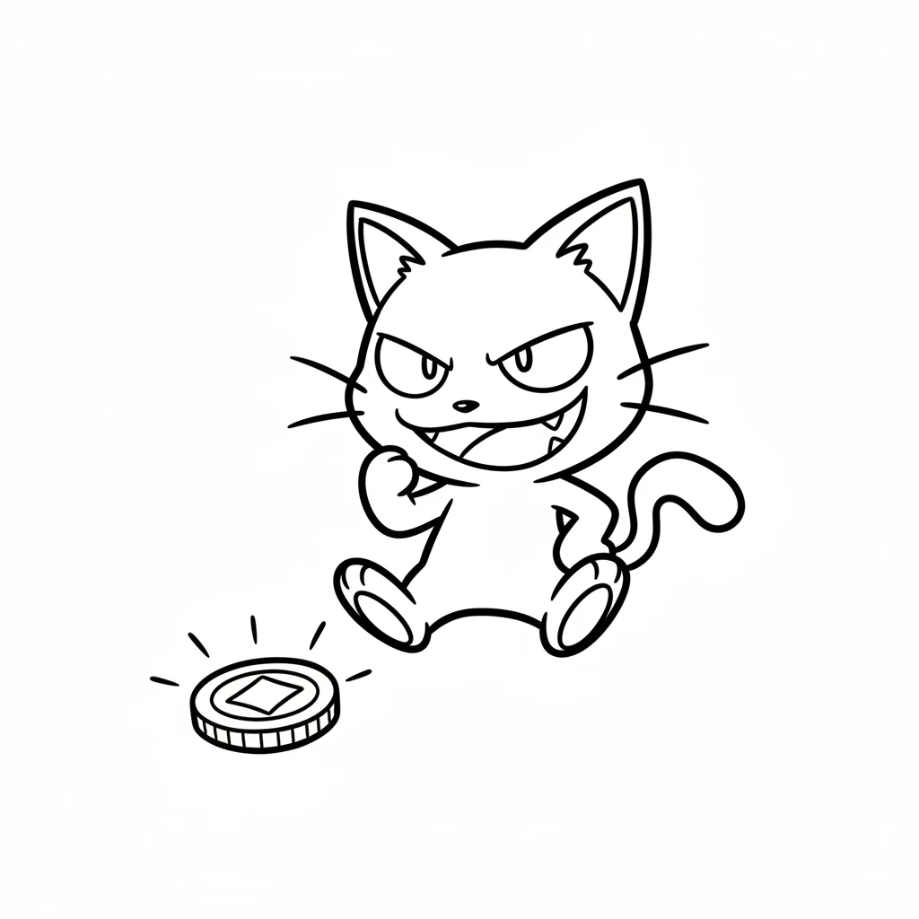Meowth strikes a cheeky pose, a shiny coin sparkling at its feet. Its whiskers twitch with mischief.