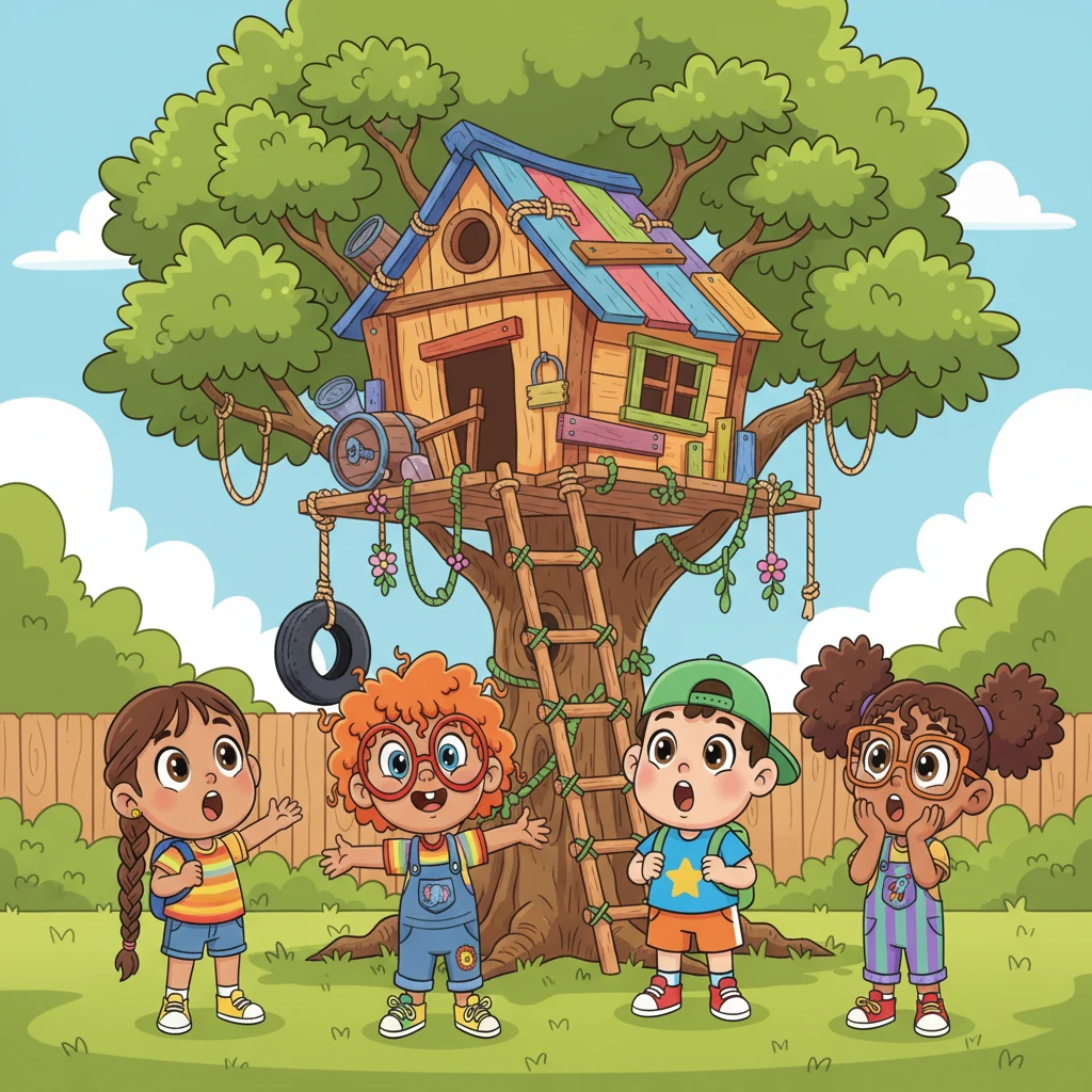 Five best friends, Suli, Toto, Yaz, Nada, and Salma, stood wide-eyed before a magnificent, wobbly old treehouse in their backyard. It was a glorious mess of planks and branches, desperately needing a makeover to become their ultimate secret club. They dreamed of soaring high, but none of them knew how to fix something so grand.