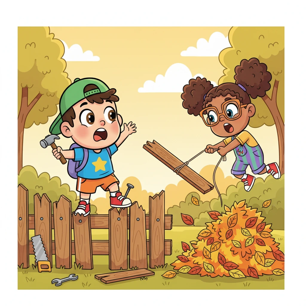 With a mighty cheer, the friends grabbed some tools and bravely attempted repairs. Toto accidentally nailed his shoe to a loose board, while Salma tried to hoist a plank with a string that snapped, sending her tumbling into a pile of leaves. Their initial efforts were hilariously disastrous, revealing a big skill gap.