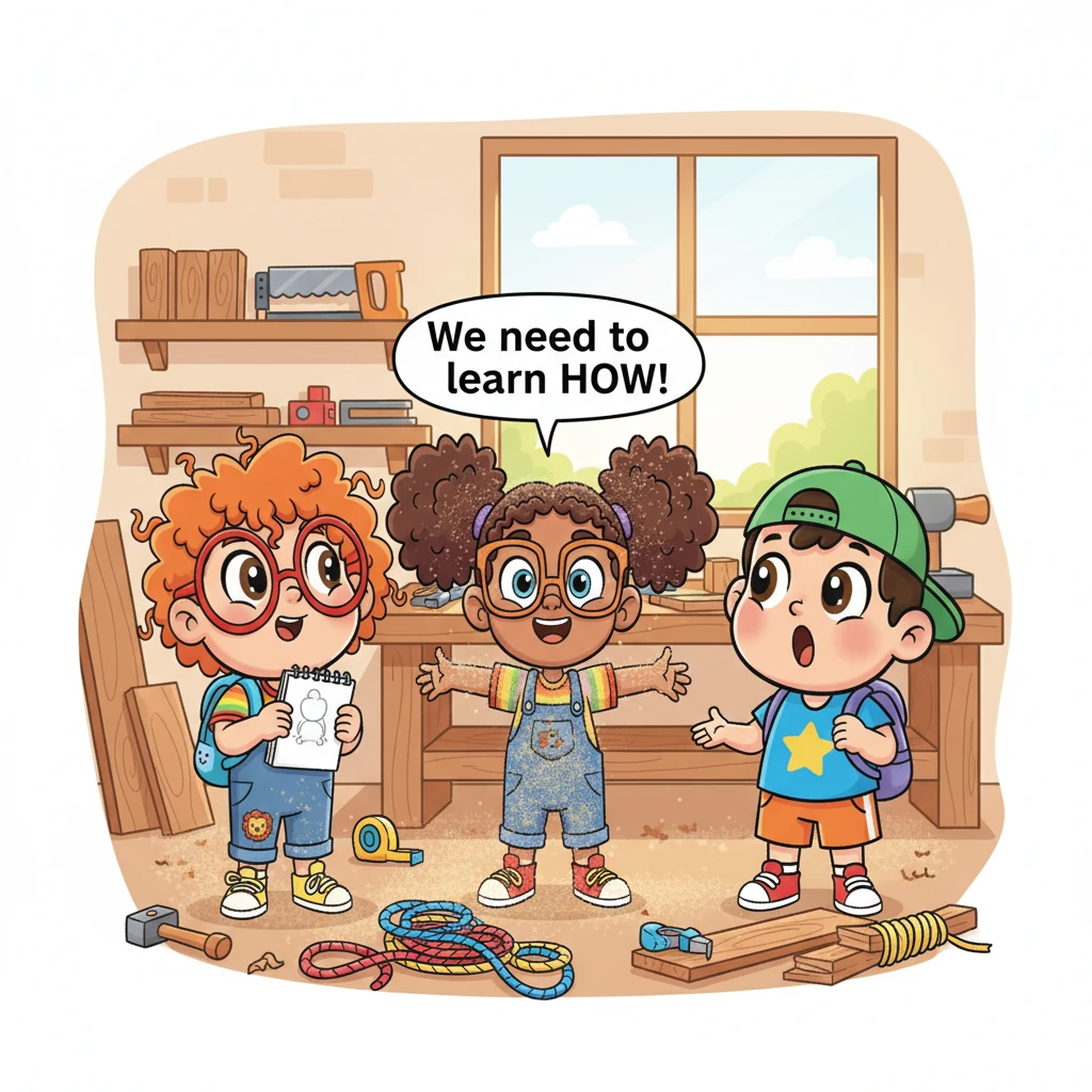Covered in sawdust and giggles, Suli declared, "We can't just wish it fixed, we need to learn HOW!" Nada's eyes lit up, suggesting they needed specific skills: carpentry for sturdy planks, knot-tying for strong ropes, and design for a super-cool look. The idea sparked a new kind of excitement among them.