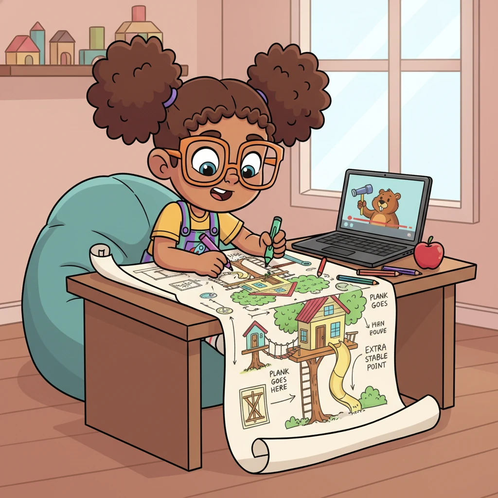 Nada, with her artistic flair, watched online videos about basic structural design and safety. She meticulously sketched out a detailed plan for their dream treehouse, marking where each plank would go and how to make it extra stable. Her drawings were filled with colorful details and clever solutions.