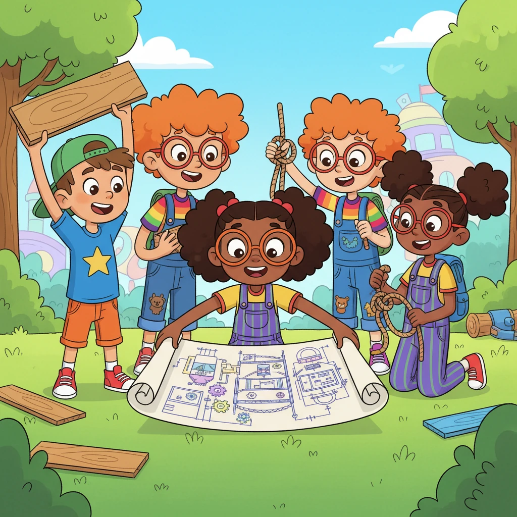 The friends gathered, buzzing with their newfound knowledge. Toto and Yaz proudly showed off their perfectly hammered planks, while Salma and Suli demonstrated a nearly unbreakable knot. Nada unrolled her fantastic blueprints, and everyone gasped at her clever designs. They realized how much they had grown individually.