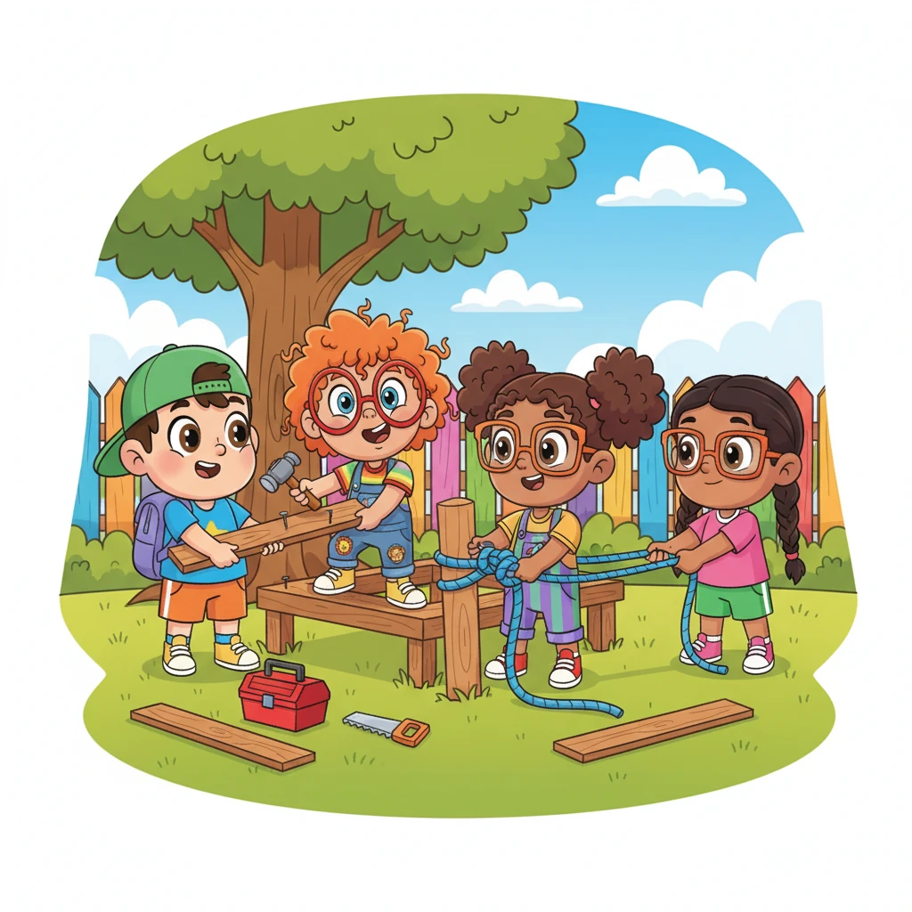 The next day, the backyard buzzed with focused activity. Toto and Yaz carefully sawed and hammered new planks, guided by Nada's design. Suli and Salma expertly tied strong ropes, securing the wobbly parts and making everything sturdy. They worked together, each friend an important part of the puzzle, helping and encouraging one another.