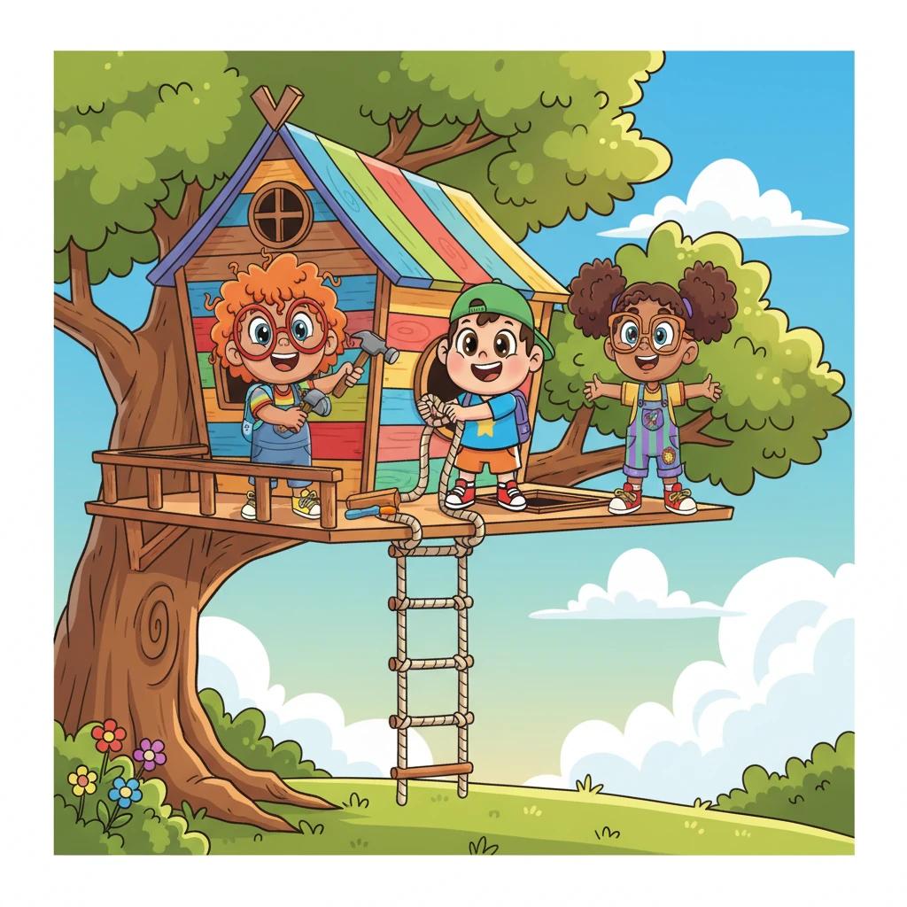 Finally, with a triumphant last nail and a perfectly tied rope, their magnificent treehouse stood tall and proud! It was colorful, sturdy, and even had a secret trapdoor. Their combined skills, practice, and teamwork had transformed a wobbly dream into a wonderful reality.