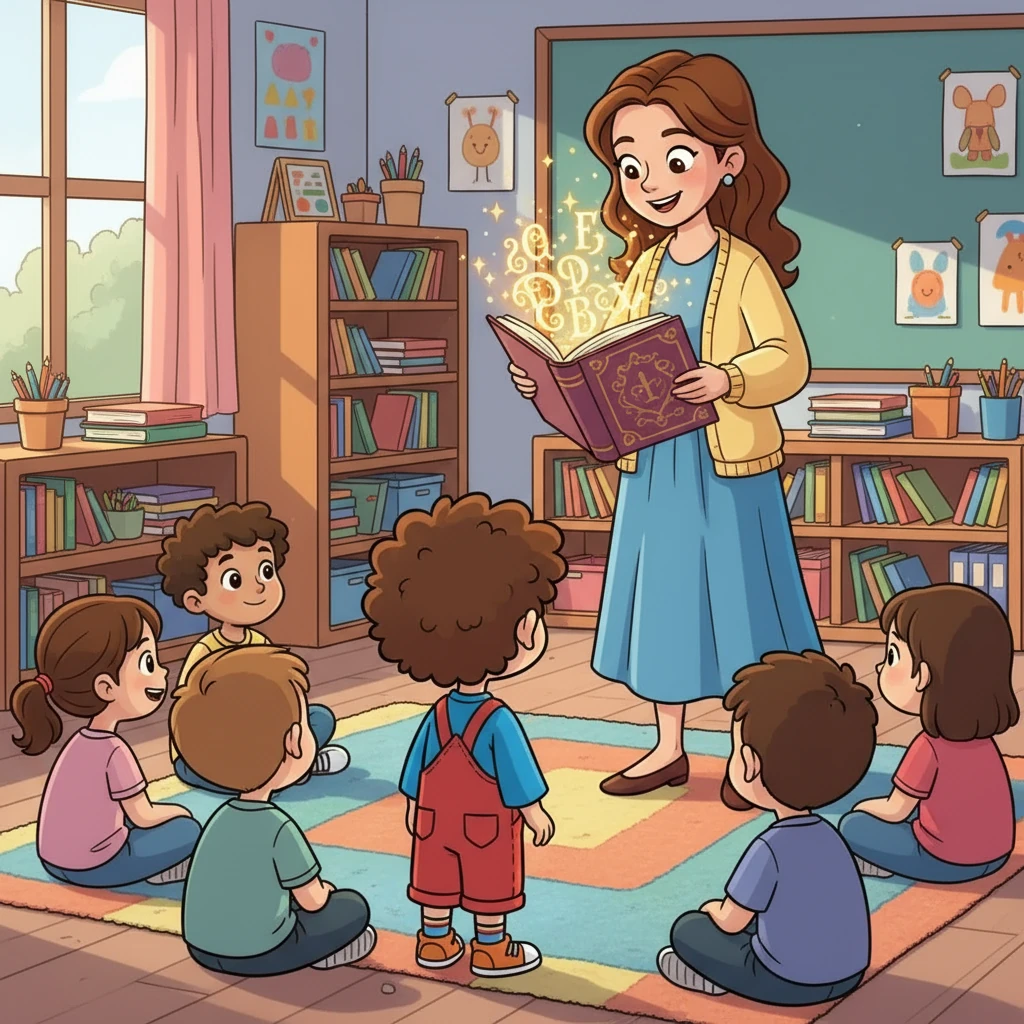 Um dia, a professora Ana trouxe um livro especial. As letras do livro pareciam brilhar! Ela explicou que cada letra tinha um poder mágico, e que juntas, elas podiam criar histórias incríveis. Gabriel, curioso, parou para ouvir.