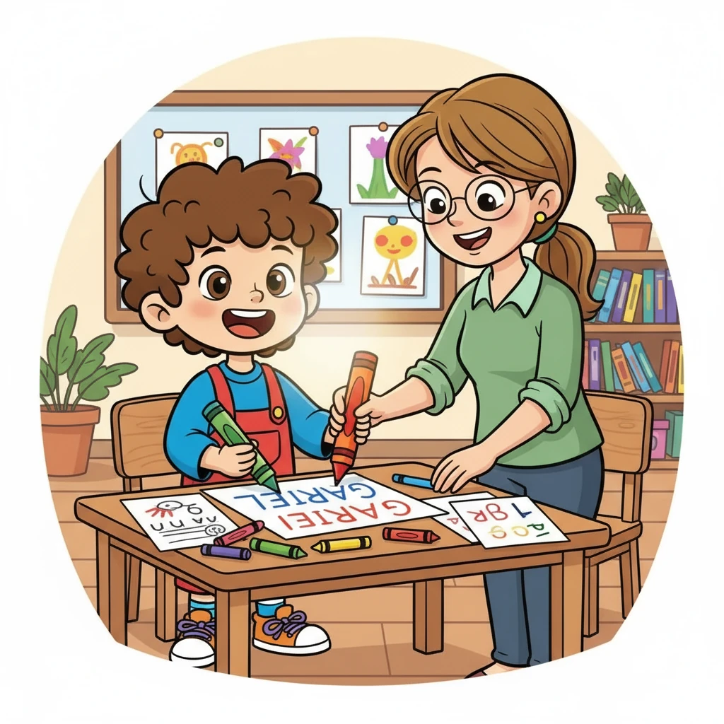 Com a ajuda da professora Ana, Gabriel aprendeu a escrever seu nome. Ele ficou tão feliz e orgulhoso que não parava de mostrar para todos! A cada letra escrita, um novo sorriso surgia em seu rosto.