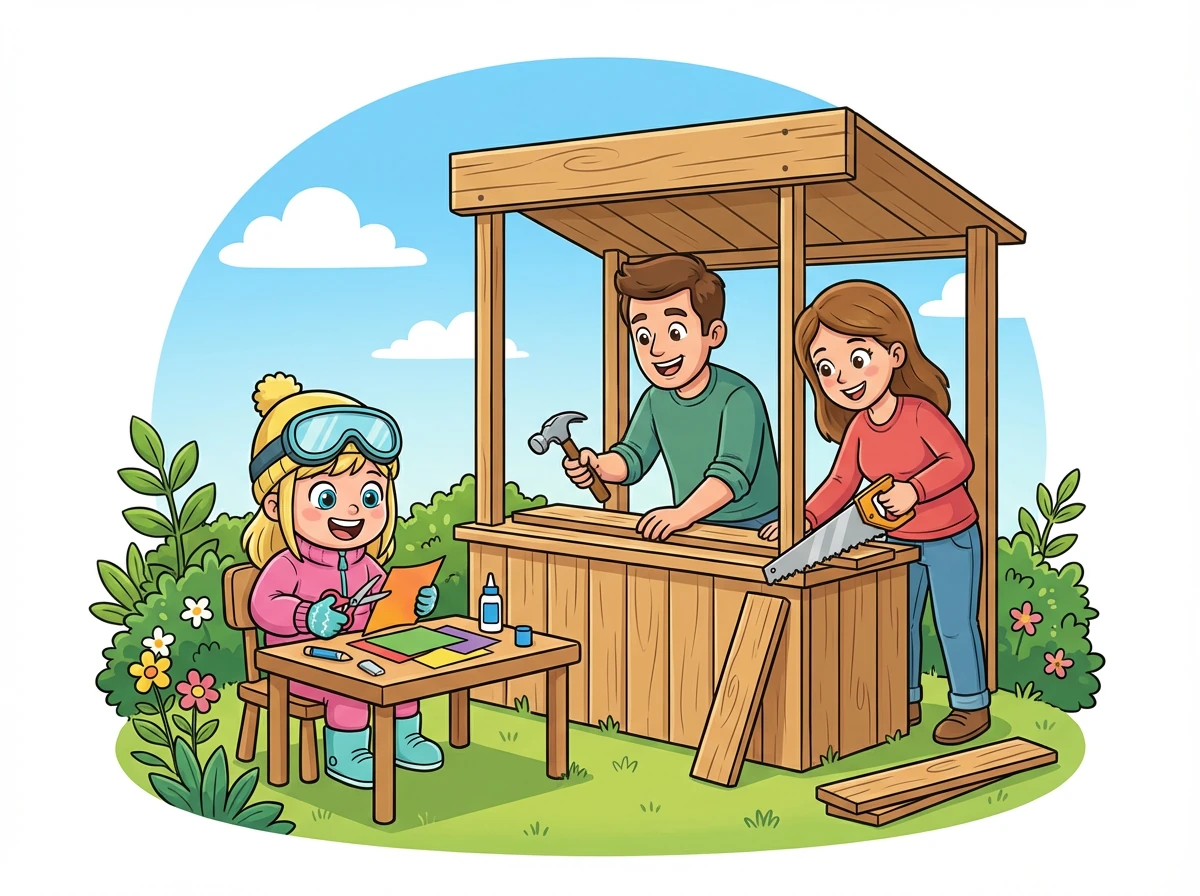 Papa en mama vonden het een fantastisch idee. Samen bouwden ze een kraam in de tuin en Noé ging meteen aan de slag met knutselen.