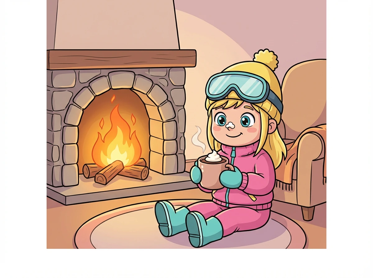 Na een dag vol sneeuwpret warmden ze zich op bij een knapperend haardvuur. Ze dronken warme chocolademelk en vertelden verhalen.