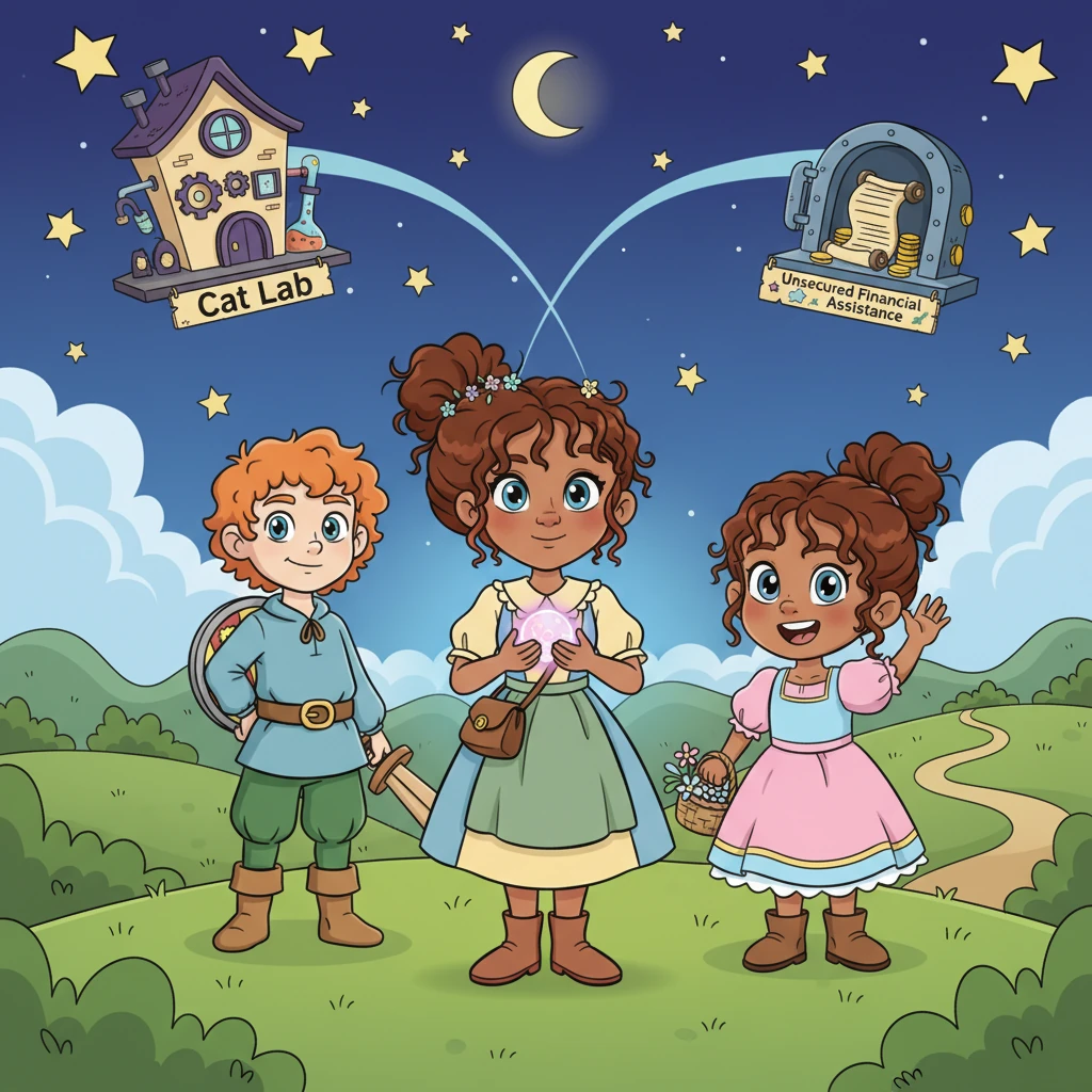 One starlit evening, the wise leader, Elara, gathered two powerful forces: the innovative Cat Lab and the diligent Unsecured Financial Assistance teams. Their mission was clear: to unite their strengths and transform the kingdom's most challenging journeys into pathways of ease and clarity. A spark of shared purpose ignited among them.