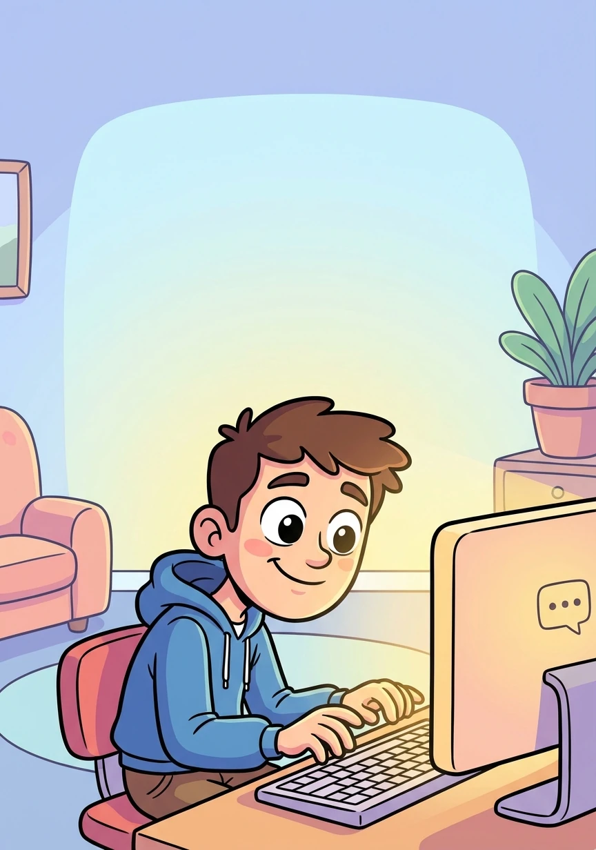 Ethan, a young man with bright eyes and a kind smile, sits at his computer, the glow of the screen illuminating his face. He's typing a message to a girl he met online.