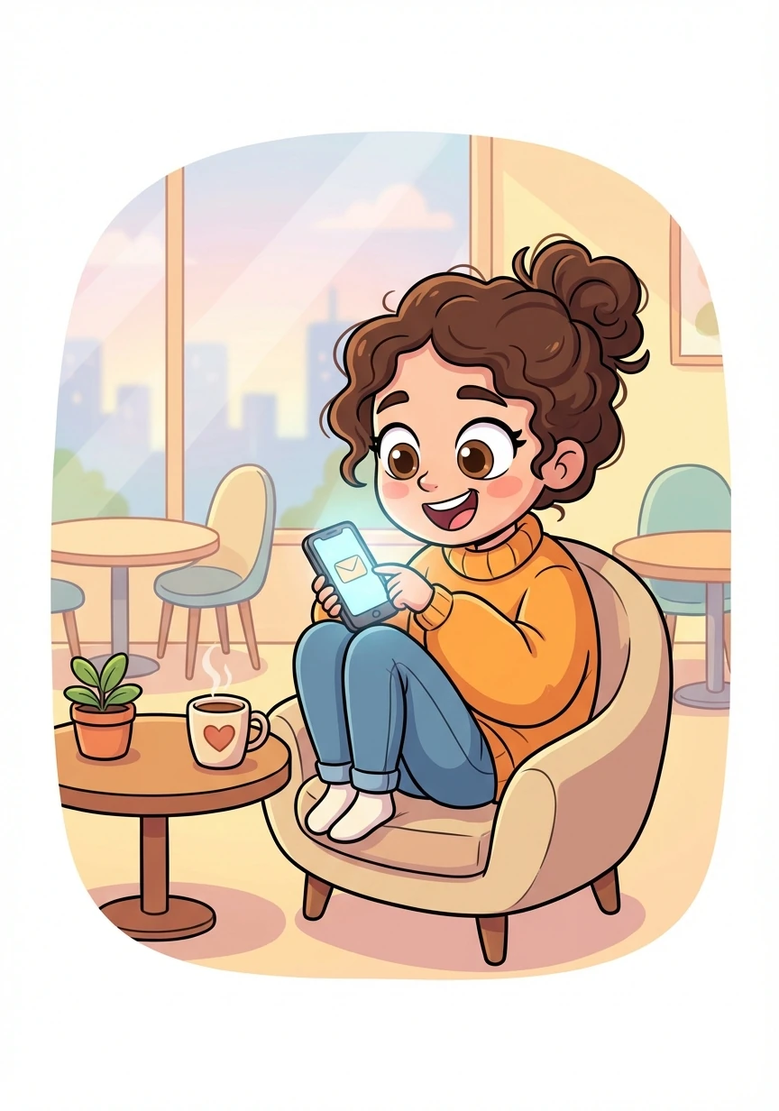 The woman, named Anya, is sitting in a cozy cafe on the other side of the world, her face lit up by her phone as she reads Ethan's message. She giggles softly.