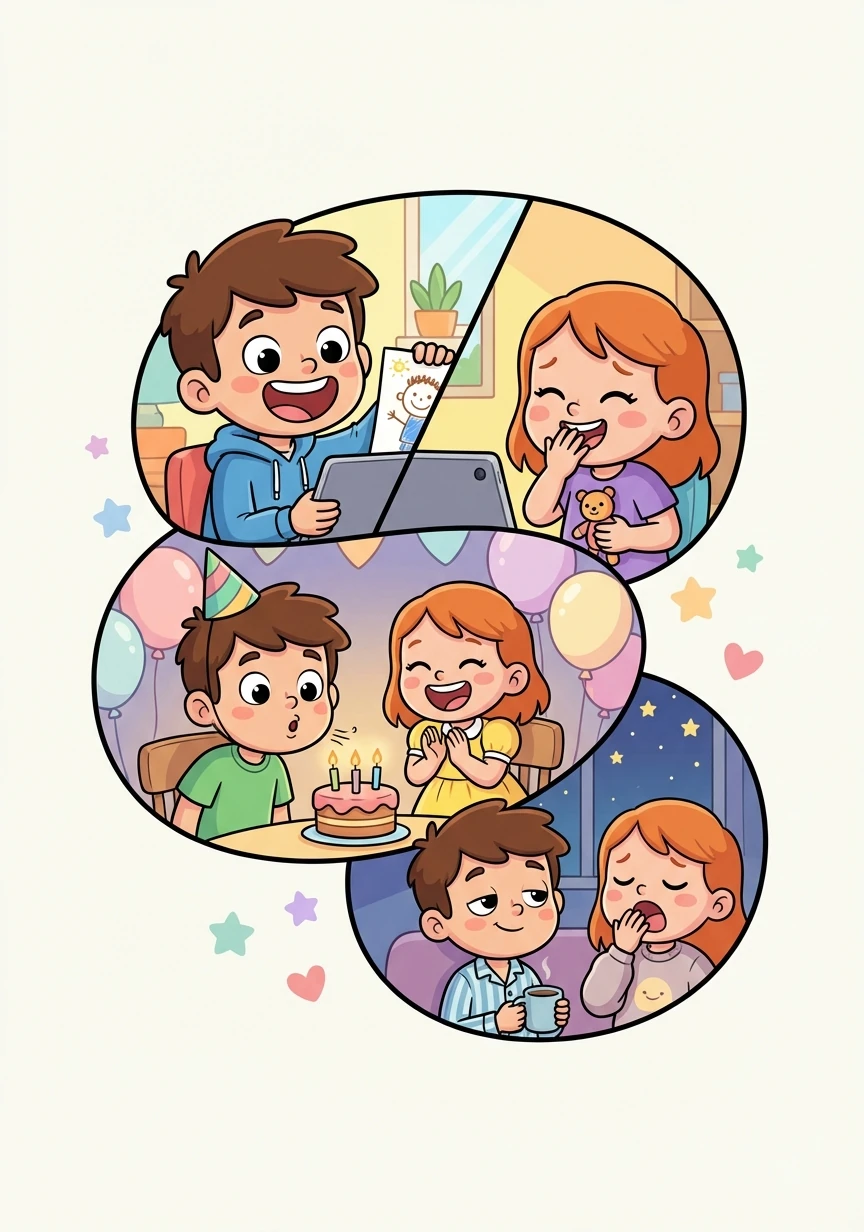 Days turn into weeks, and weeks into months. Ethan and Anya spend countless hours chatting, sharing their dreams, and supporting each other through tough times. The illustration shows a montage of their video calls, filled with laughter and shared moments.