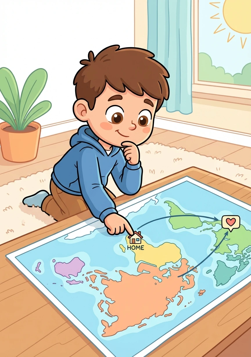 Ethan is shown looking thoughtfully at a map of the world, his finger tracing the distance between his home and Anya's. He's decided to take a leap of faith.