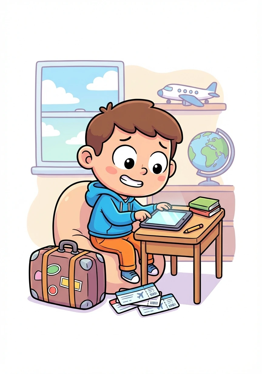 Ethan nervously books his flight, a mix of excitement and apprehension swirling within him. The illustration captures his anticipation, with plane tickets and a packed suitcase nearby.