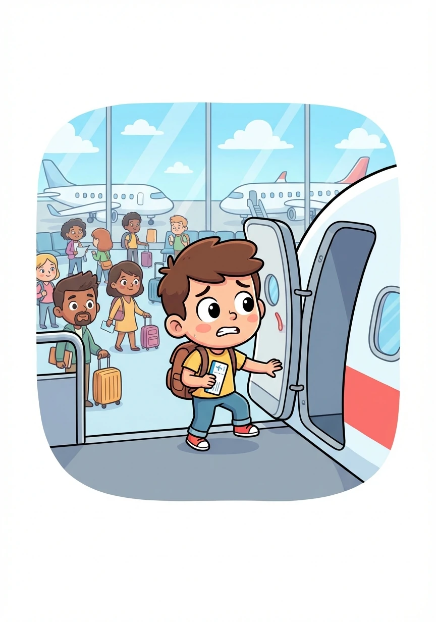 The day arrives, and Ethan is at the airport, his heart pounding as he boards the plane. The illustration shows a vibrant airport scene, filled with bustling travelers.