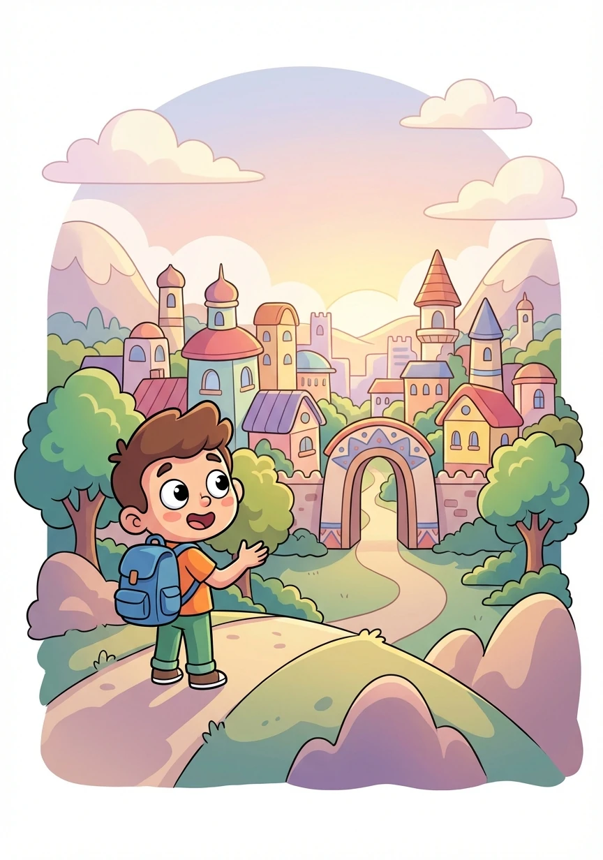 After a long journey, Ethan arrives at Anya's city. The illustration shows a panoramic view of a new and exciting city.