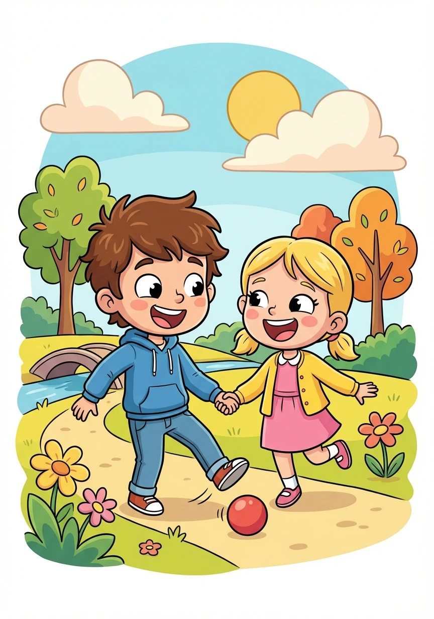 Ethan and Anya are walking hand-in-hand through a park, laughing and enjoying each other's company. The illustration shows a beautiful park setting, bathed in warm sunlight, symbolizing their blossoming love.