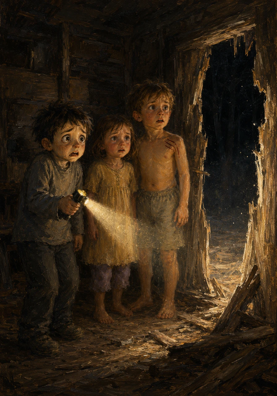 Inside the dimly lit cabin, Alex, Sarah, and Jack stood frozen in a suffocating silence. Alex's flashlight beam trembled violently across the shattered doorway, illuminating nothing but the swirling dust and the pitch-black void of the woods outside.