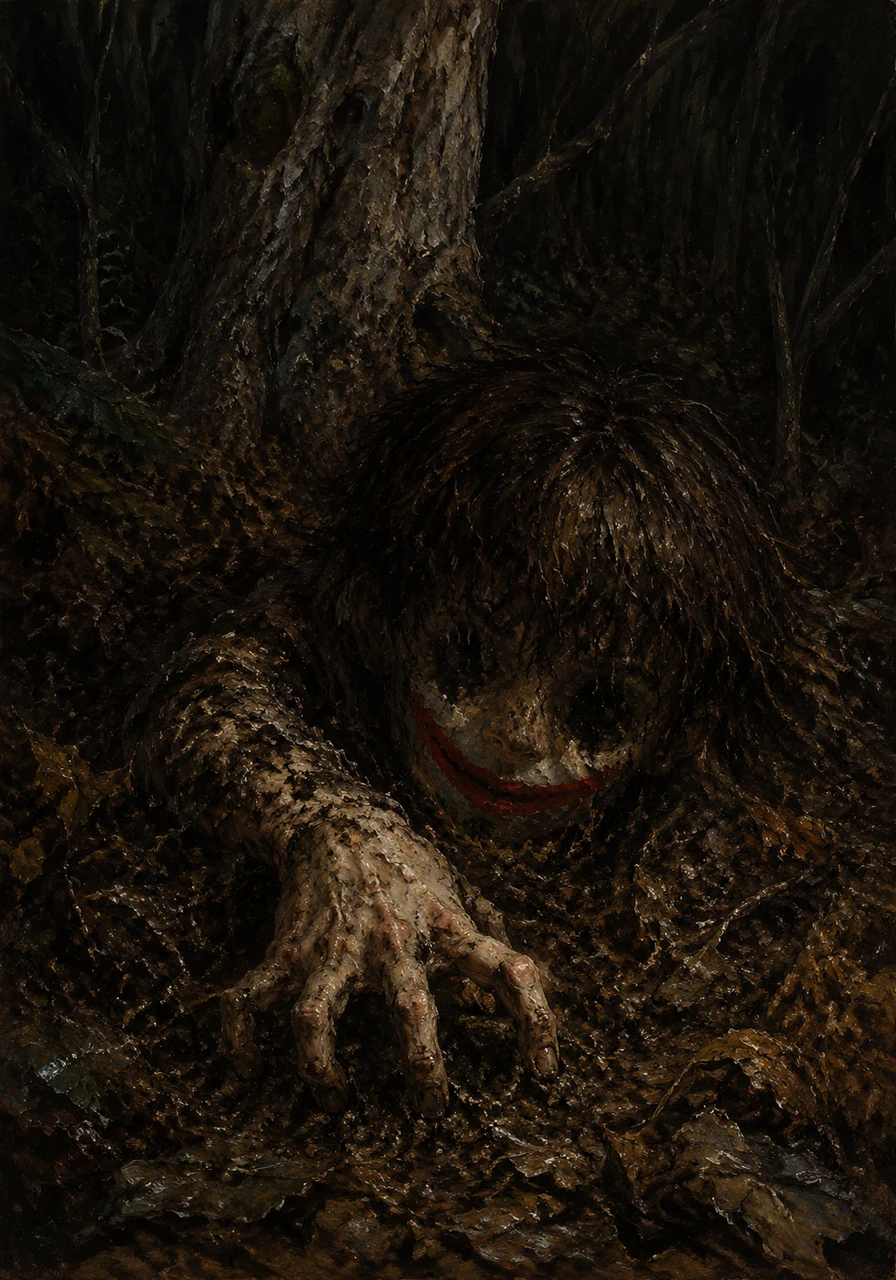 Deep within the heart of the woods, where the canopy grew so thick no starlight could penetrate, a broken shape began to stir in the rot. A smeared, painted smile twitched in the dark, and a mangled hand flexed with a sudden, malicious hunger.