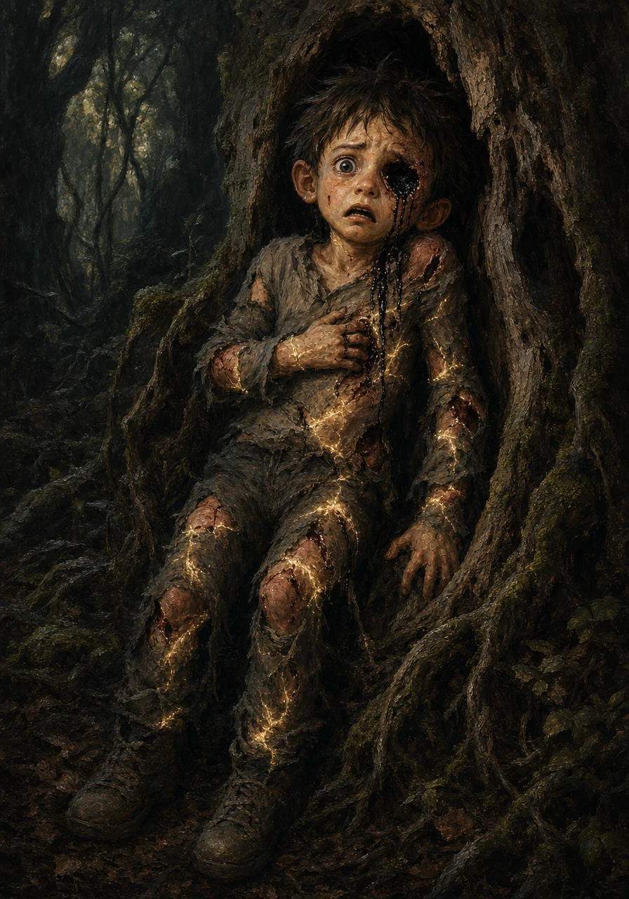 The mangled figure of Mr. Griny dragged itself upright against a hollow tree, his missing eye socket weeping a thick, black fluid. Though his body had been shattered by the faceless entity, the dark magic of the woods was already knitting his broken bones back together.