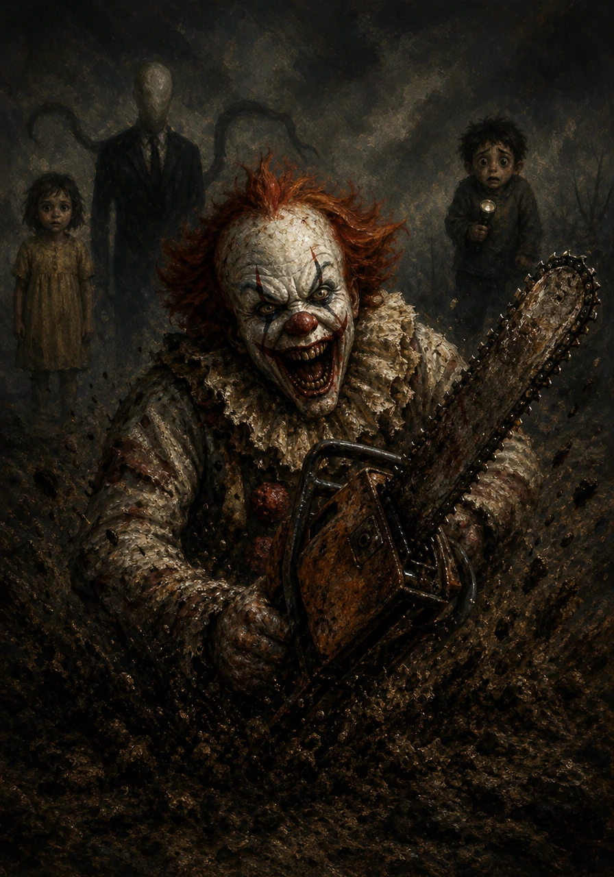 A low, rumbling vibration began to echo through the poisoned soil, growing into the sickening sound of a rusty chainsaw tearing to life. The killer clown's laughter bubbled up from the earth, a mechanical and guttural sound that signaled his terrible resurrection.