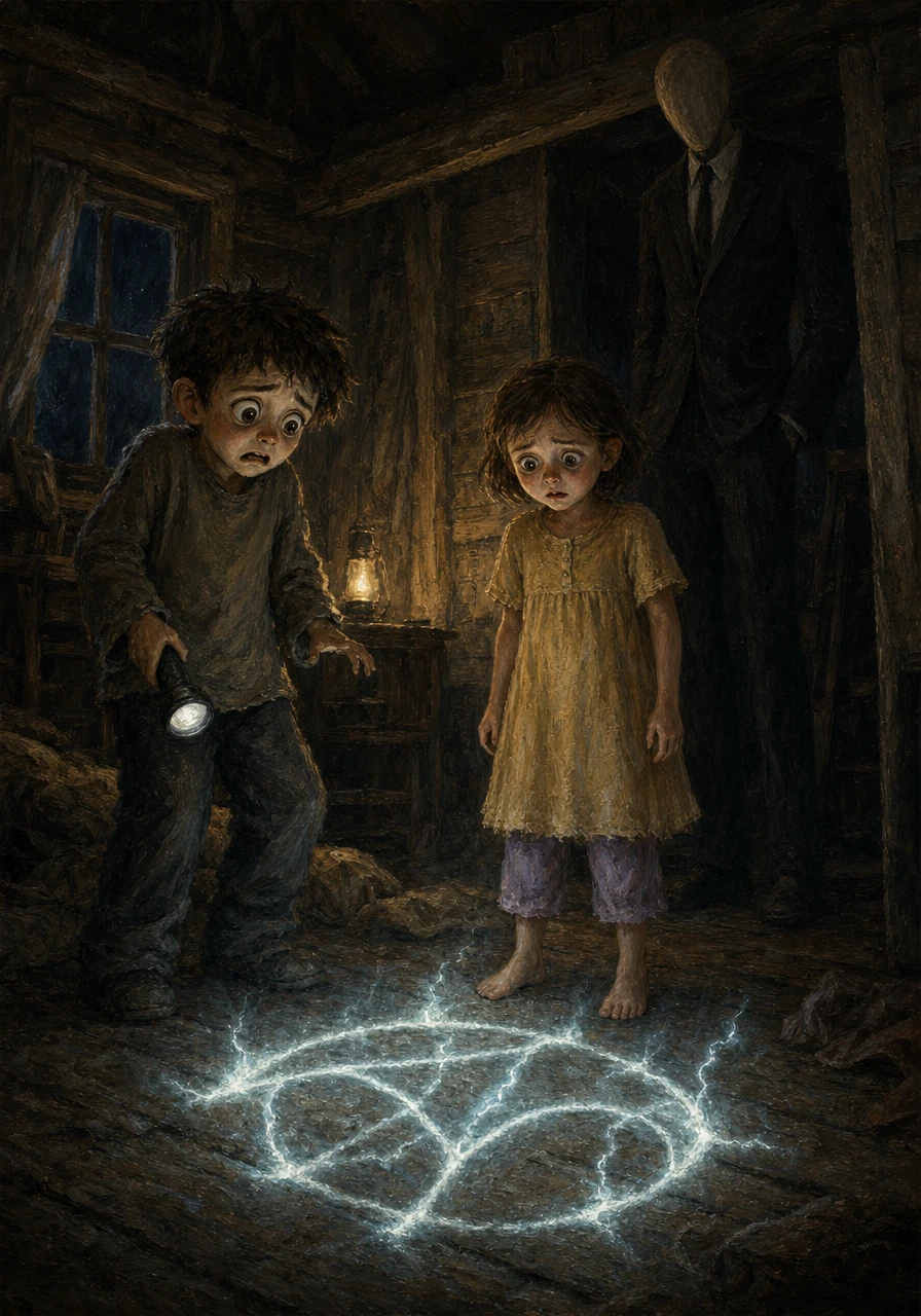 Back in the cabin, the chalk symbol the children had hastily drawn on the floorboards began to glow with a faint, sickening static. They had thought the tall, faceless man in the suit was their savior, but he had merely been defending his own sacred hunting ground.