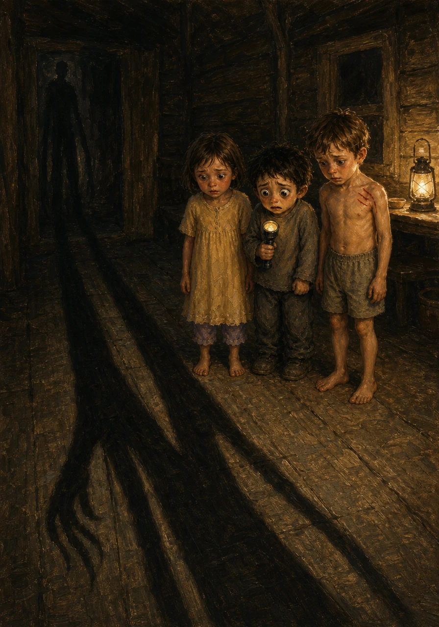 A long, impossibly thin shadow stretched across the cabin floor, rising from the floorboards without a sound. The faceless entity did not grant wishes or offer mercy; he collected debts, and the children had just signed an obligation written in fear.