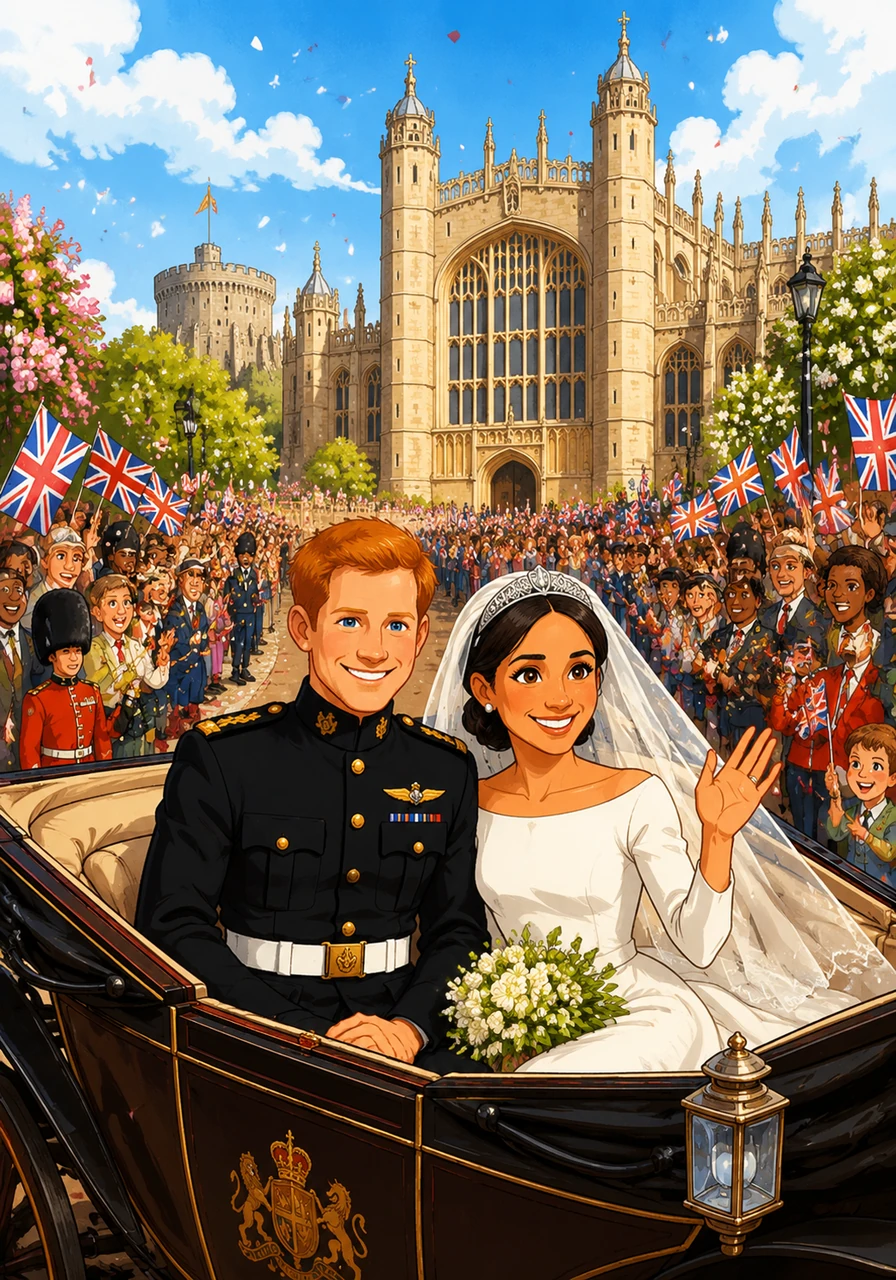 On a bright and sunny spring day, the historic St George's Chapel at Windsor Castle was filled with music and celebration for their royal wedding. Thousands of joyful people lined the streets, waving flags and cheering as the newly titled Duke and Duchess of Sussex smiled warmly from their carriage. It was a beautiful fusion of different cultures and traditions, symbolizing a modern, hopeful chapter in the prince's life.
