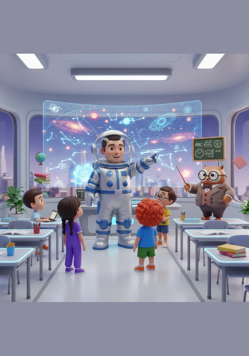 Captain Leo stands in a bright classroom filled with star maps and glowing screens, welcoming his young crew with a big smile. The children gather around with wide eyes, ready to begin their very first BeCurious Space Mission.