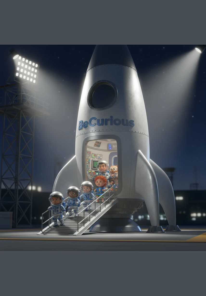 The crew marches toward the towering BeCurious rocket ship, its metal skin gleaming under the bright launchpad lights. They climb inside the cozy cabin and buckle their seatbelts tight, feeling their hearts beat with excitement.