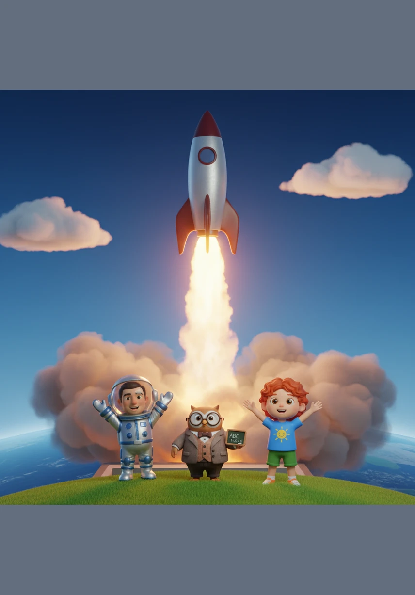 Everyone counts down together with all their might: three, two, one, blast off! With a powerful roar and a trail of bright orange fire, the rocket soars upward, leaving the ground far behind as it heads for the clouds.