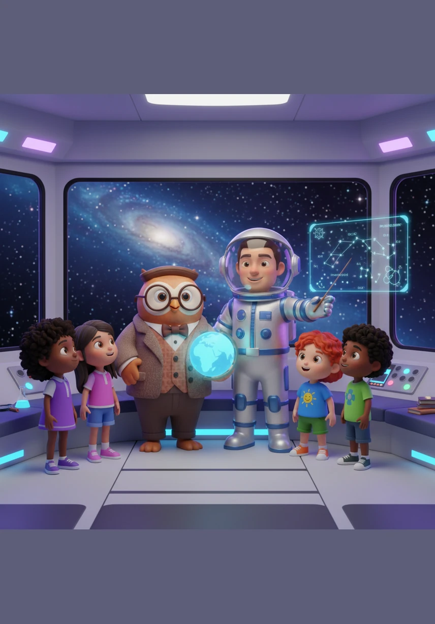 A giant, glowing Moon appears outside the window, its silver surface covered in mysterious craters and dusty plains. The crew presses their hands against the glass and waves happily, shouting a big hello to the Earth's closest neighbor.